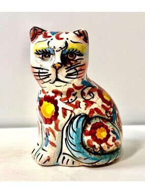Italian Artist Signed G. Licata Sciacca Handmade Crackled Cat Statue Vintage